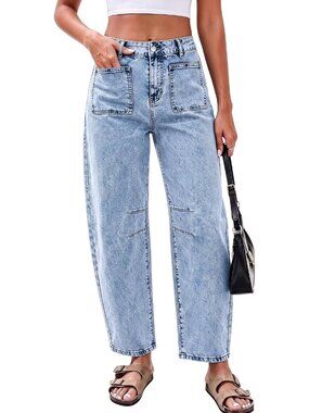 Women's Blue High Waisted Patch Pocket Baggy Stretch Wide Leg Denim Pant
